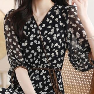 大人ワンピース ロング 花柄シアー素材パフスリーブ