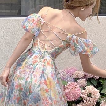 大人ワンピース ロング 花柄シアーギャザーワンピース
