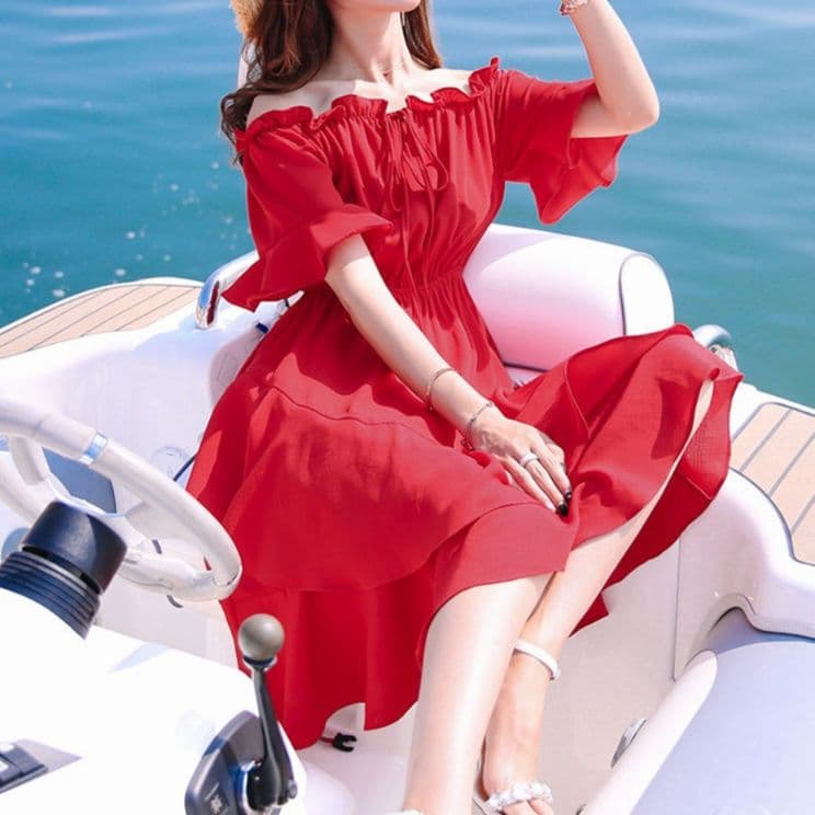 大人ワンピース ロング 優美なフリル肩出しロングワンピース