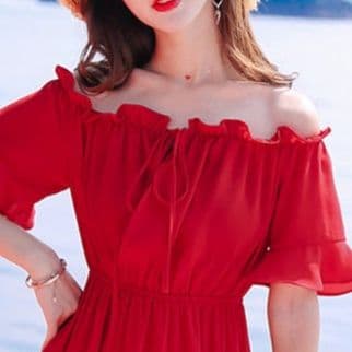 大人ワンピース ロング 優美なフリル肩出しロングワンピース