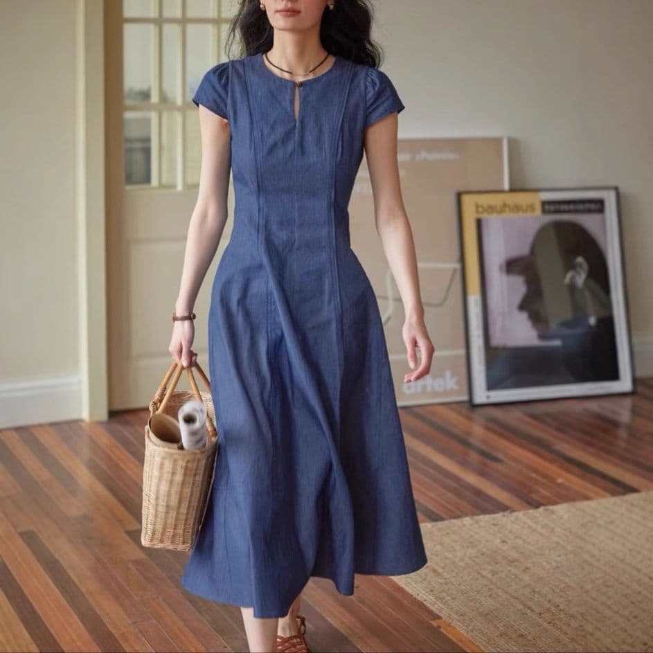 大人ワンピース ロング 上品キーネックロングワンピース