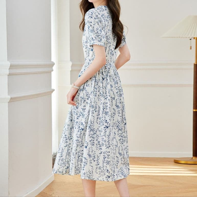 大人ワンピース ロング 優美な花柄ギャザーロングワンピース