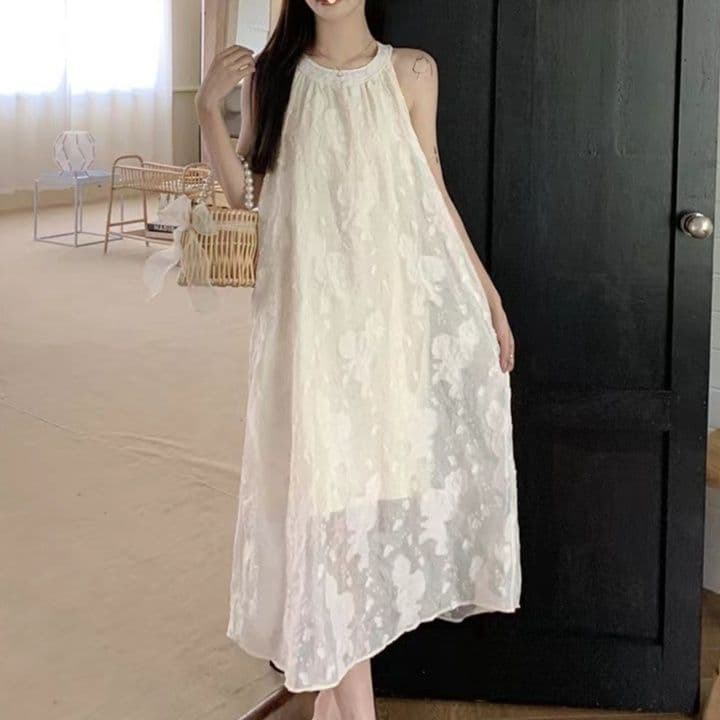 大人ワンピース ロング 立体刺繍ホルターネックロングワンピース