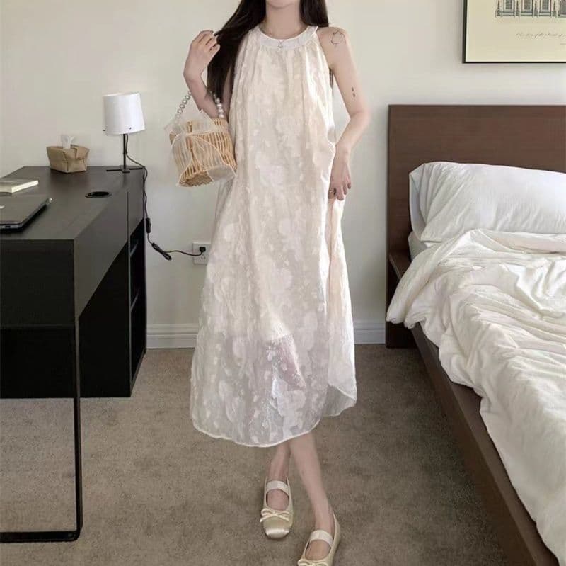 大人ワンピース ロング 立体刺繍ホルターネックロングワンピース