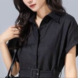 大人ワンピース ロング リネン風シャツカラーベルト付きワンピース