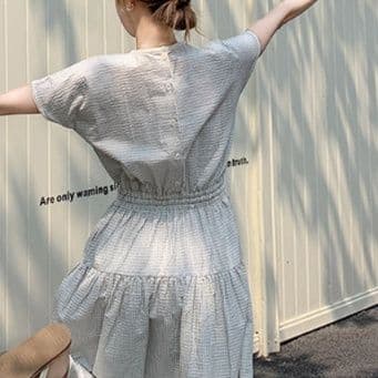 大人ワンピース ロング 優雅な格子柄ウエストギャザーロングワンピース