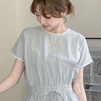 大人ワンピース ロング 優雅な格子柄ウエストギャザーロングワンピース