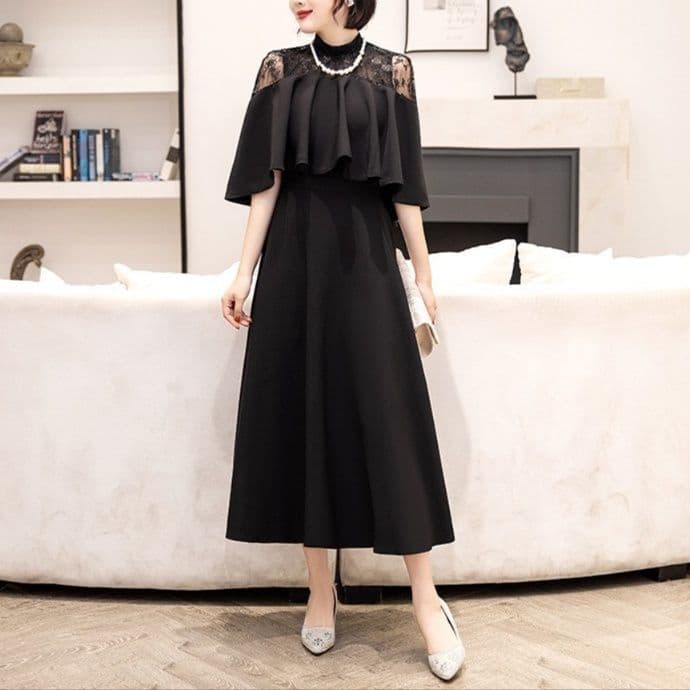 大人ワンピース ロング レース切替えケープ風ロングワンピース