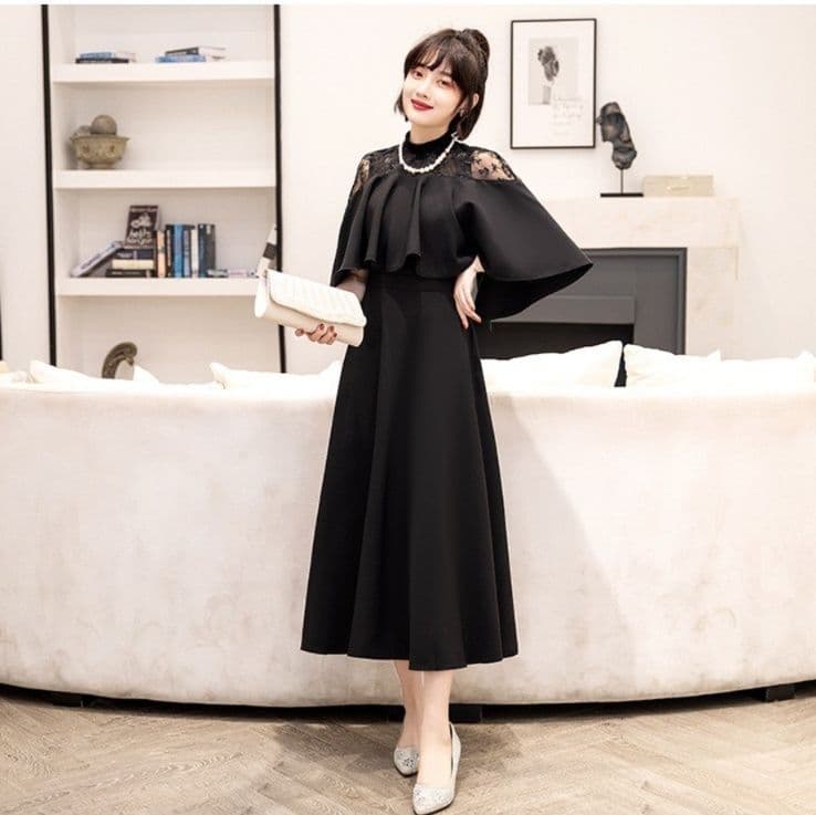 大人ワンピース ロング レース切替えケープ風ロングワンピース