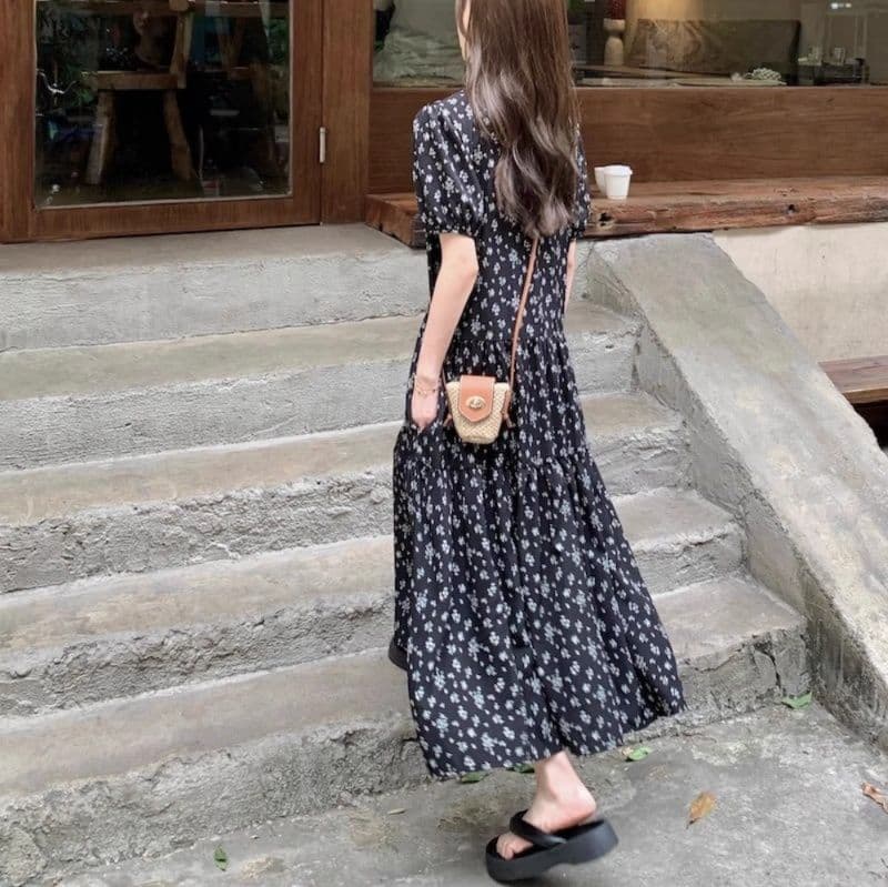 大人ワンピース ロング 小花柄ティアードロングワンピース