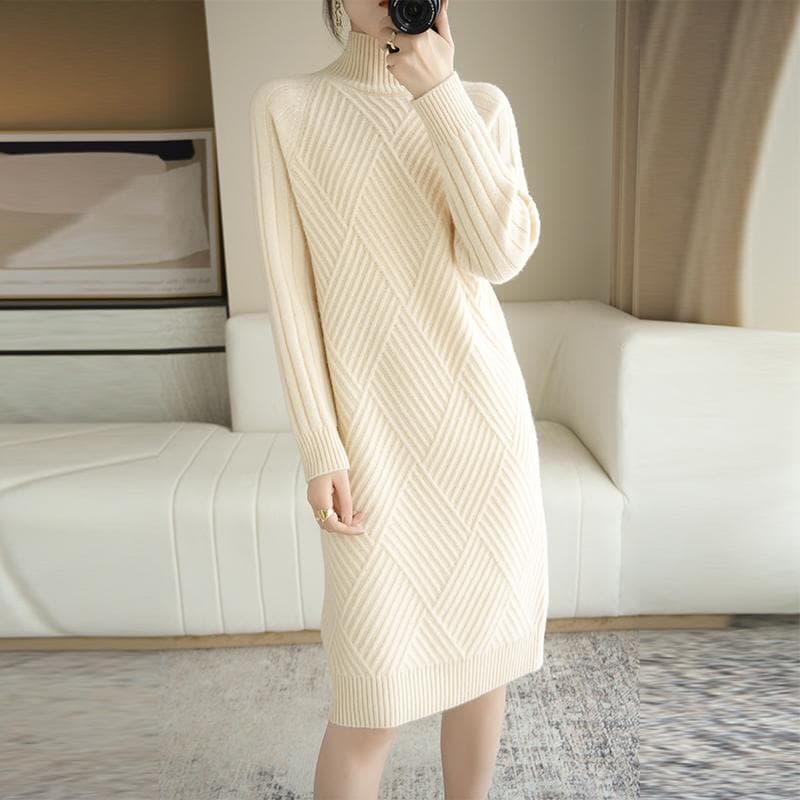 大人ワンピース ロング 立体模様ハイネックニットワンピース