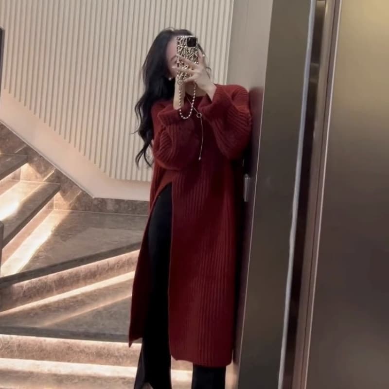 大人ワンピース ロング リブ編み サイドスリットワンピース