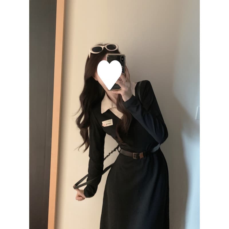 大人ワンピース ロング 襟付きベルト付きワンピース