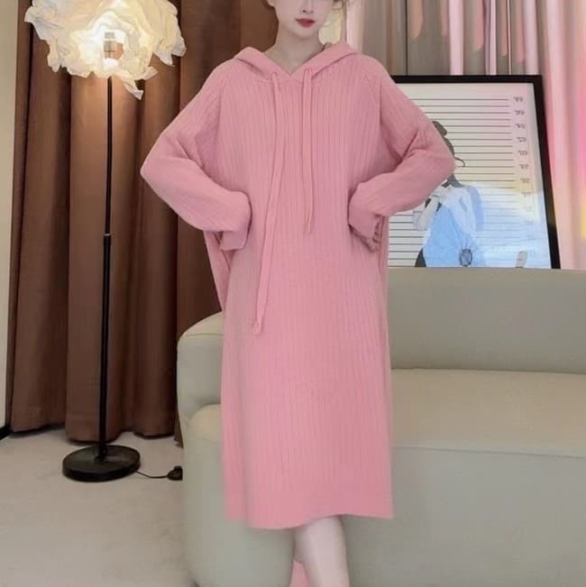 大人ワンピース ロング リブ編み ロング丈フード付きニットワンピース