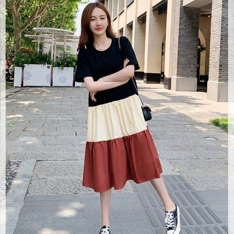 大人ワンピース 三段切替ゆったりロングワンピース