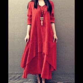 大人ワンピース 重ね風レイヤード麻混ロングワンピース