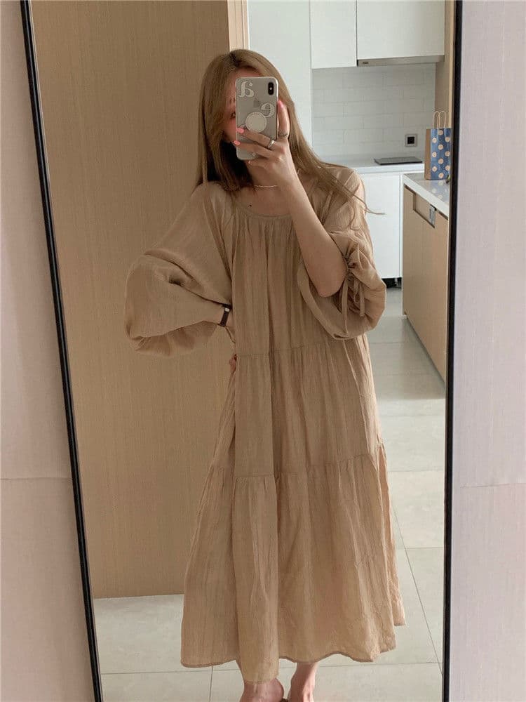 大人ワンピース ロング ふんわり袖のティアードワンピース