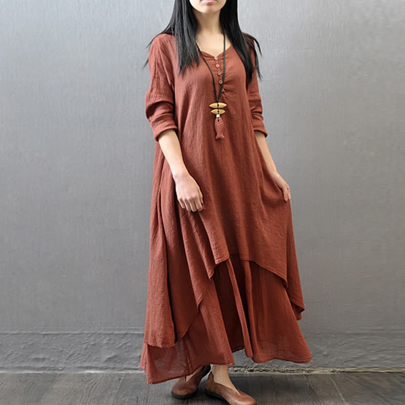 大人ワンピース ロング 重ね着風ゆったりワンピース