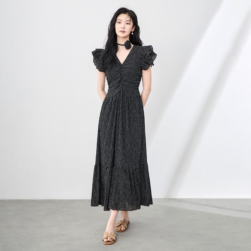 大人ワンピース ロング フリルスリーブロングワンピース