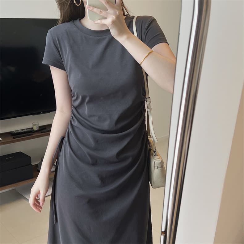 大人ワンピース ロング サイドギャザー ロングワンピース