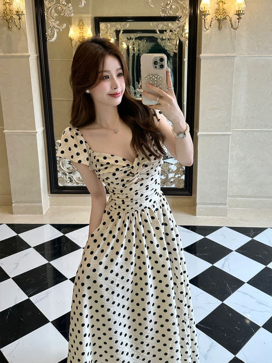大人ワンピース ロング フリルドット柄ロングワンピース