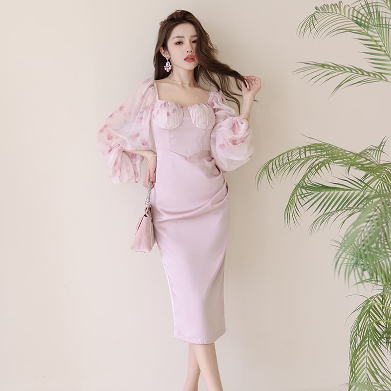 大人ワンピース ロング シースルーパフスリーブ バルーン ミディ丈ワンピース