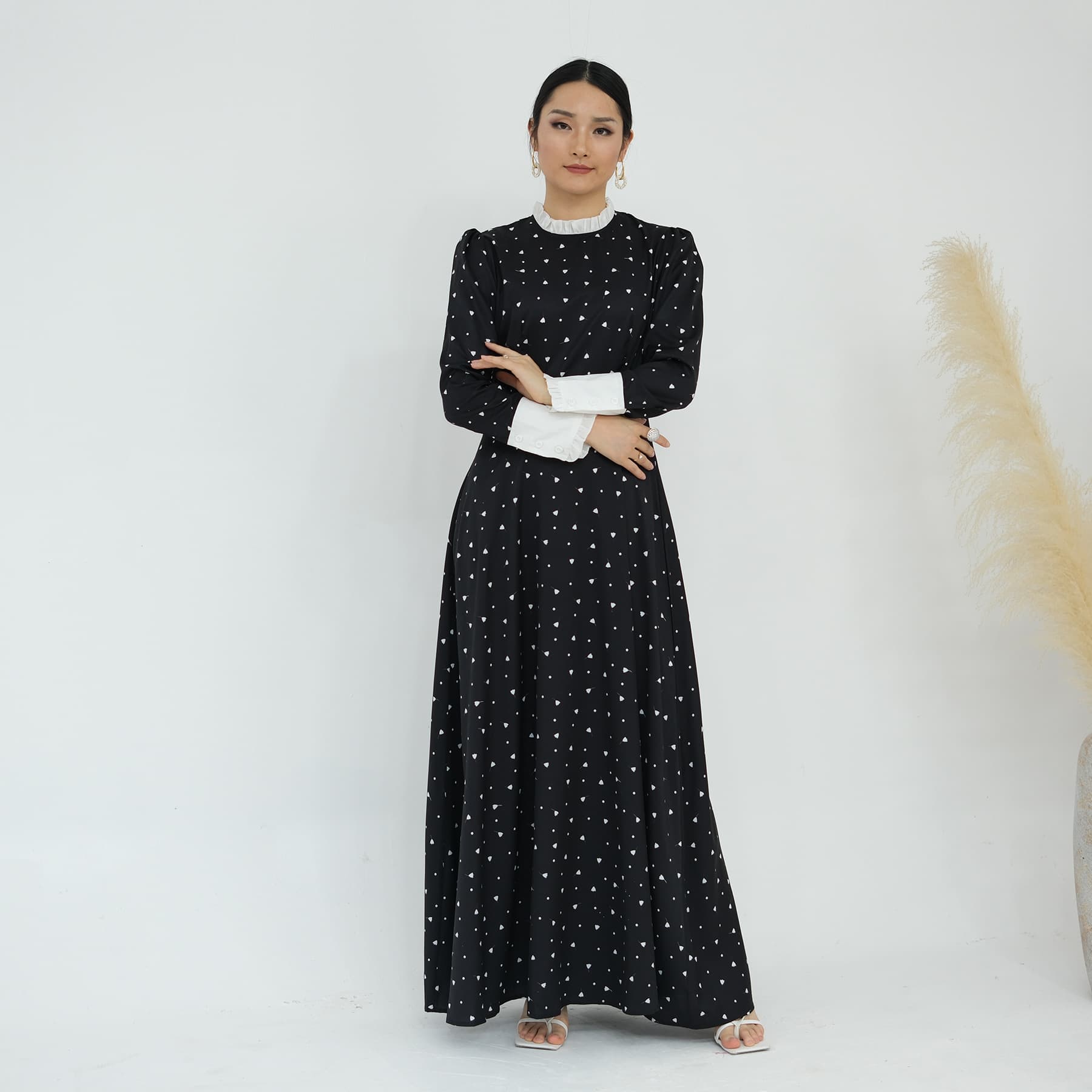 大人ワンピース ロング ハートドット フリル袖 ワンピース
