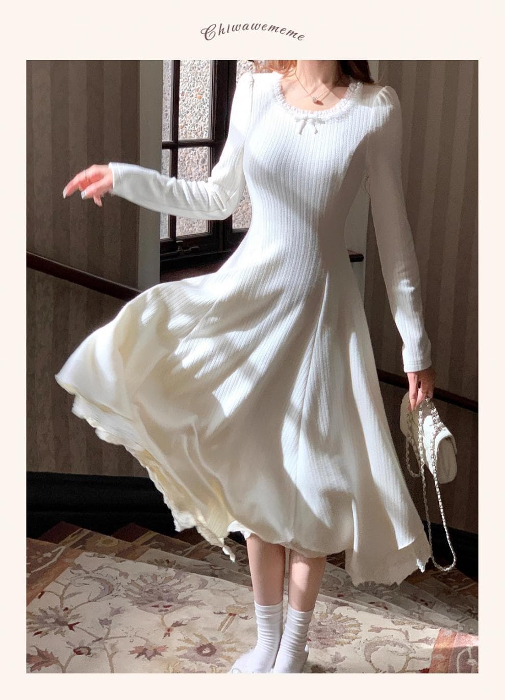 大人ワンピース ロング 優雅なプリーツニットワンピース