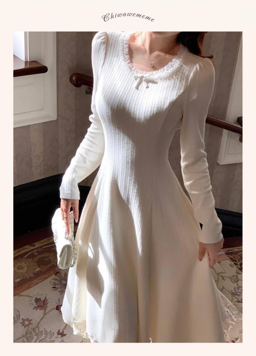 大人ワンピース ロング 優雅なプリーツニットワンピース