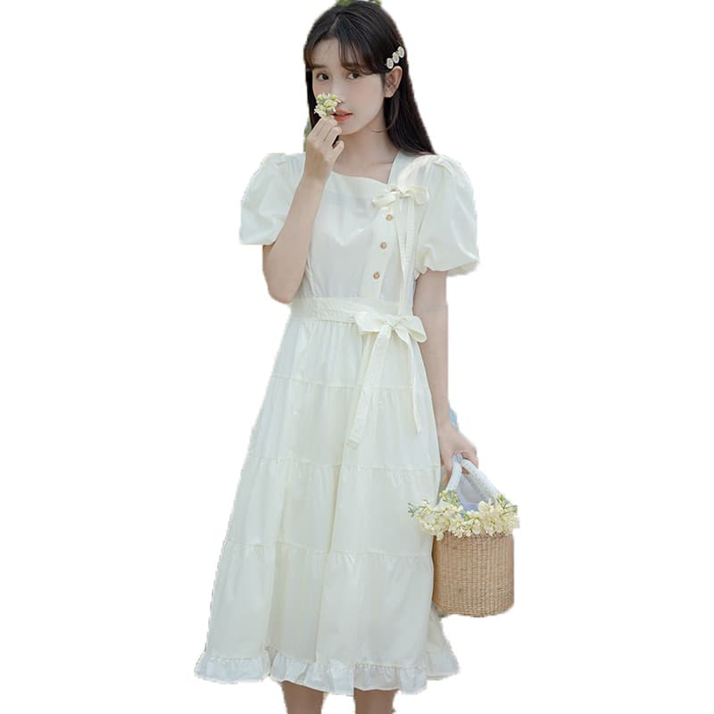 大人ワンピース ロング ふんわりパフスリーブ リボンティアードワンピース