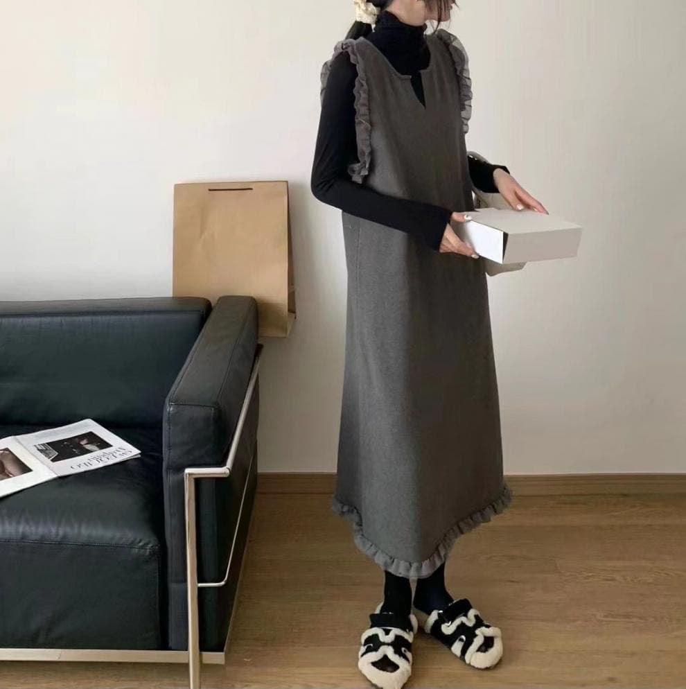 大人ワンピース フリル袖ジャンパースカート ロング丈 重ね着風ワンピース