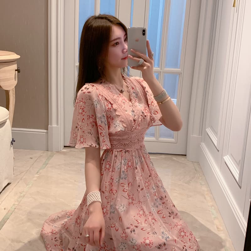 大人ワンピース ロング 優美なシアー袖花柄ギャザーワンピース