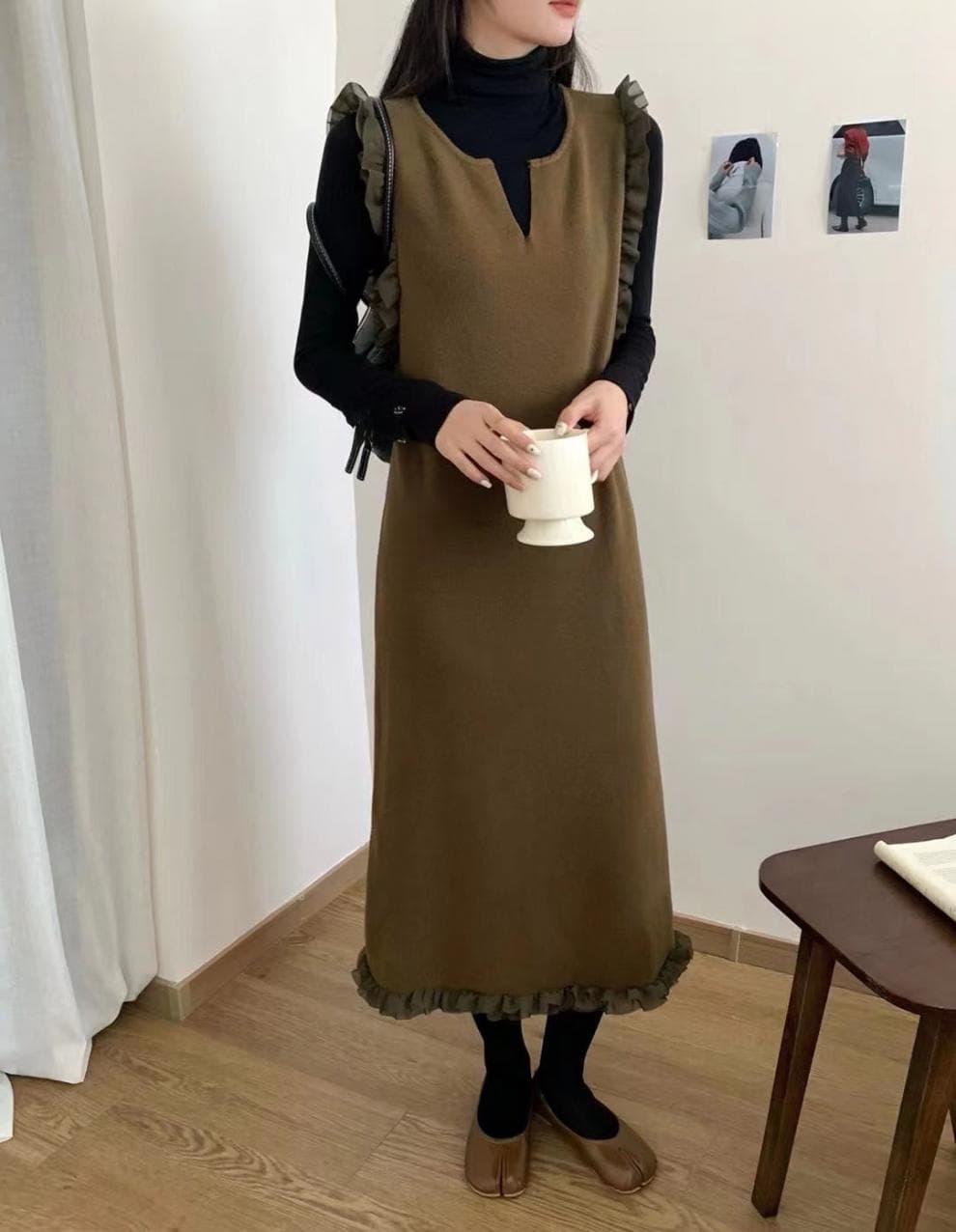 大人ワンピース フリル袖ジャンパースカート ロング丈 重ね着風ワンピース