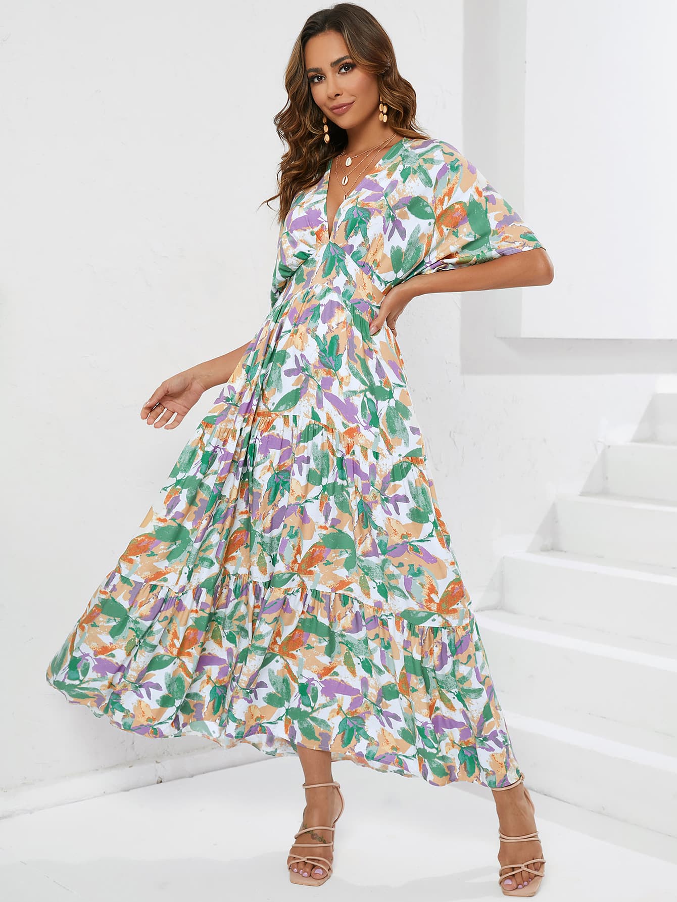 大人ワンピース ロング 花模様ドレープワンピース