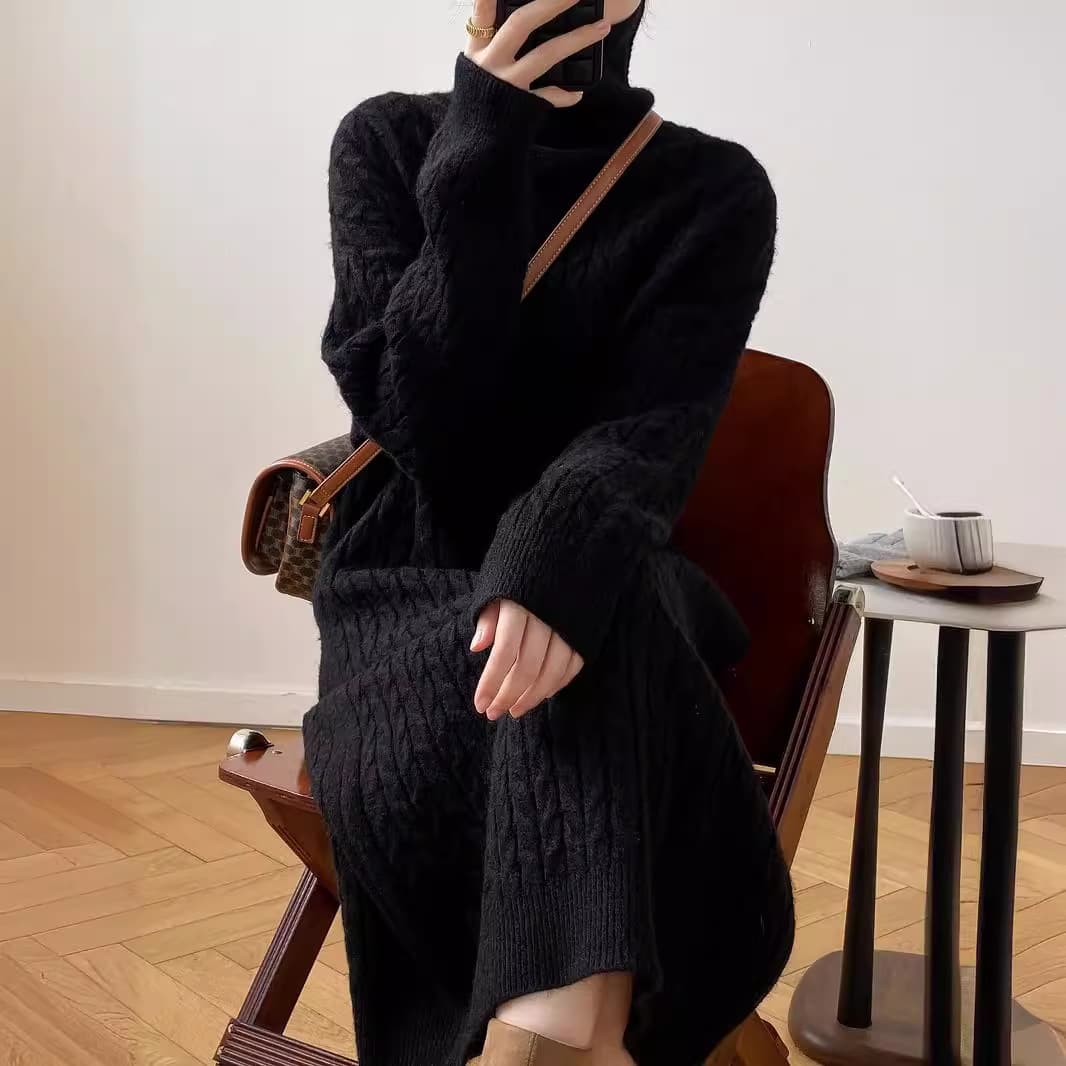 大人ワンピース ロング 大人の上質ケーブル編みニットワンピース