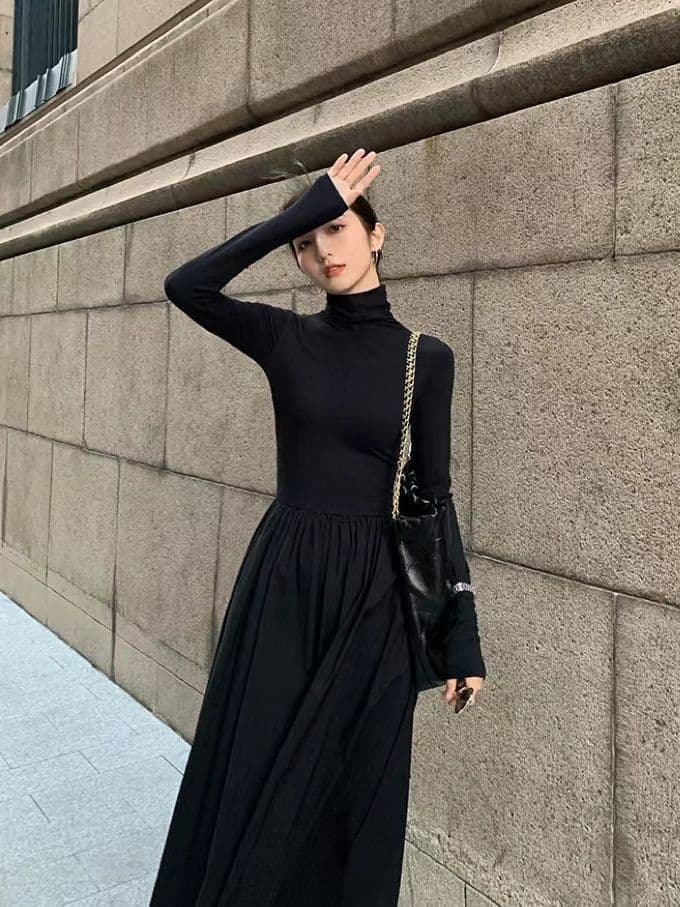 大人ワンピース ロング 優美ハイネックギャザーワンピース