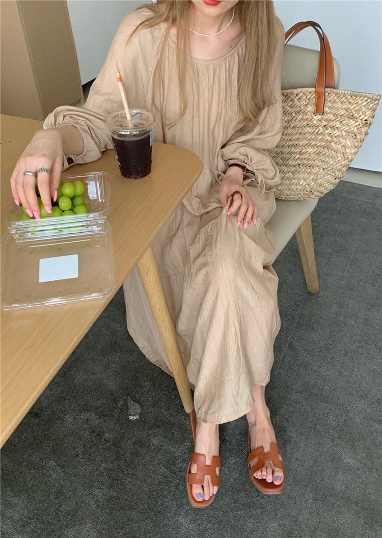 大人ワンピース ロング ふんわり袖のティアードワンピース