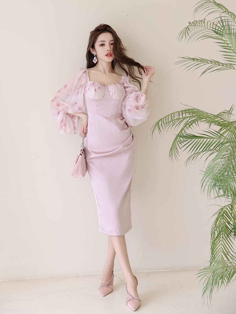 大人ワンピース ロング シースルーパフスリーブ バルーン ミディ丈ワンピース