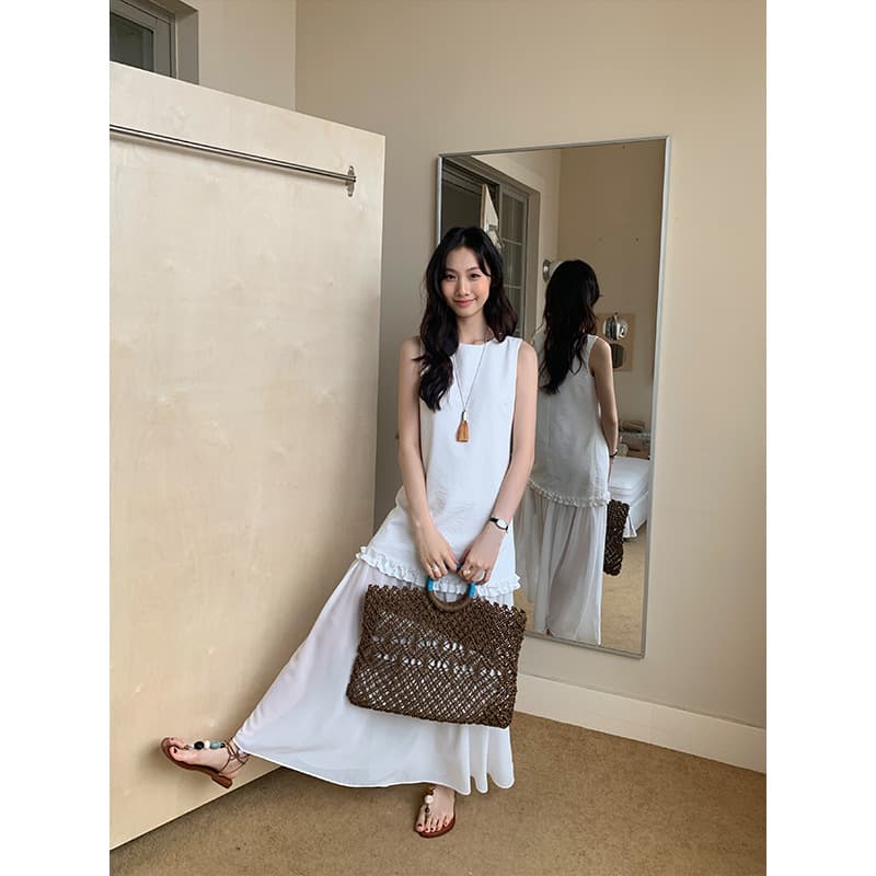 大人ワンピース ロング シフォン切替フリルロングワンピース