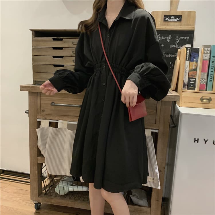大人ワンピース 長袖シャツワンピース黒きれいめ大人ミディ丈