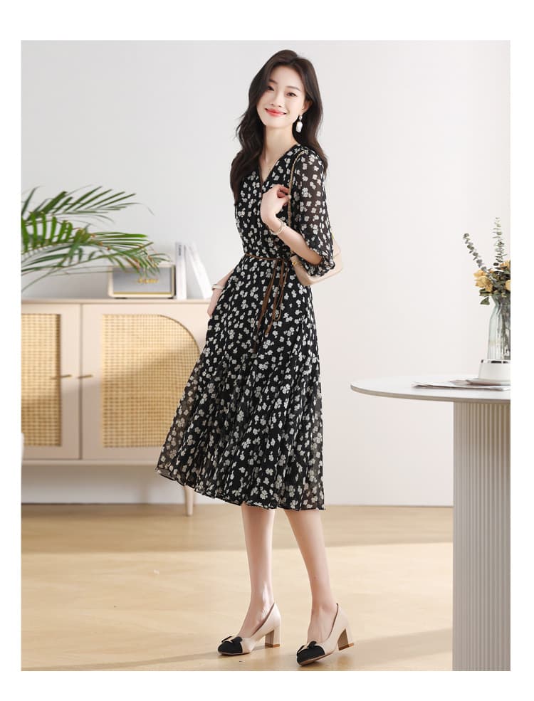 大人ワンピース ロング 花柄シアー素材パフスリーブ