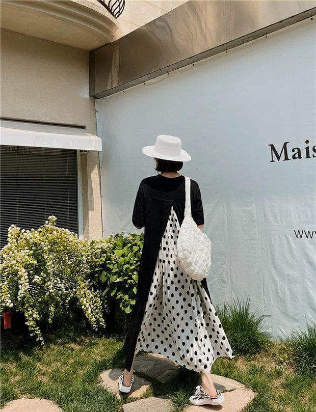大人ワンピース ロング バックデザイン水玉切替ロングワンピース