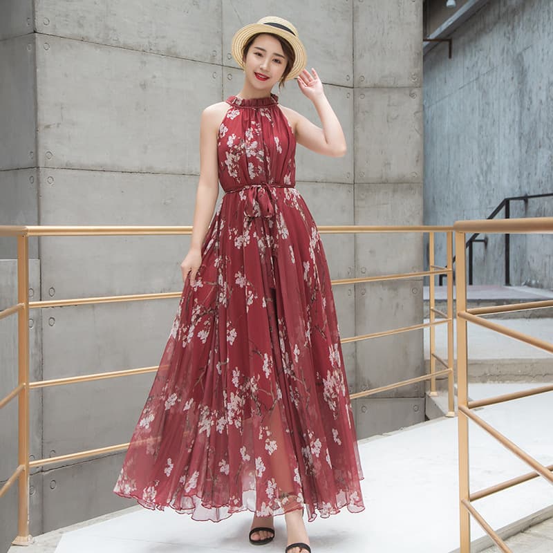大人ワンピース ロング フローラル柄シフォンホルターネックワンピース