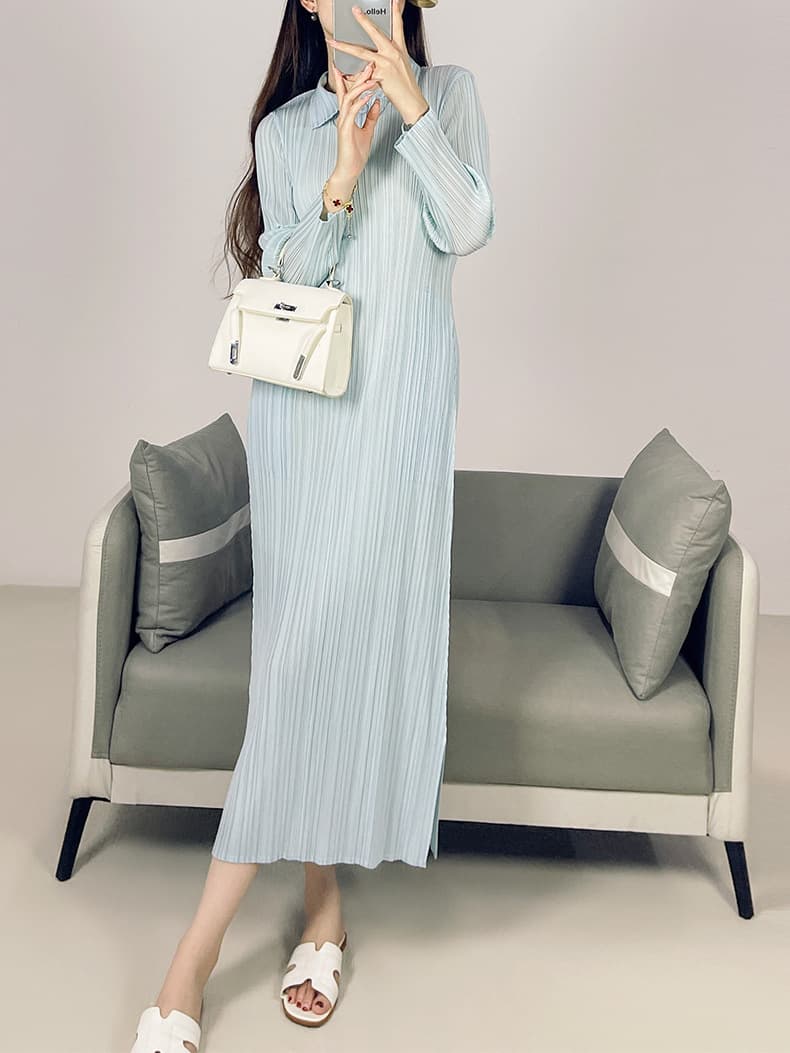 大人ワンピース ロング プリーツ加工シャツカラーワンピース