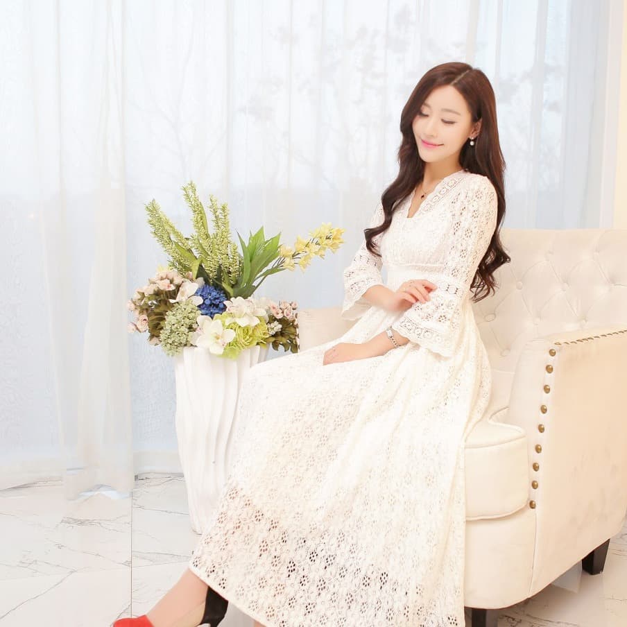 大人ワンピース ロング 花レース美シルエット