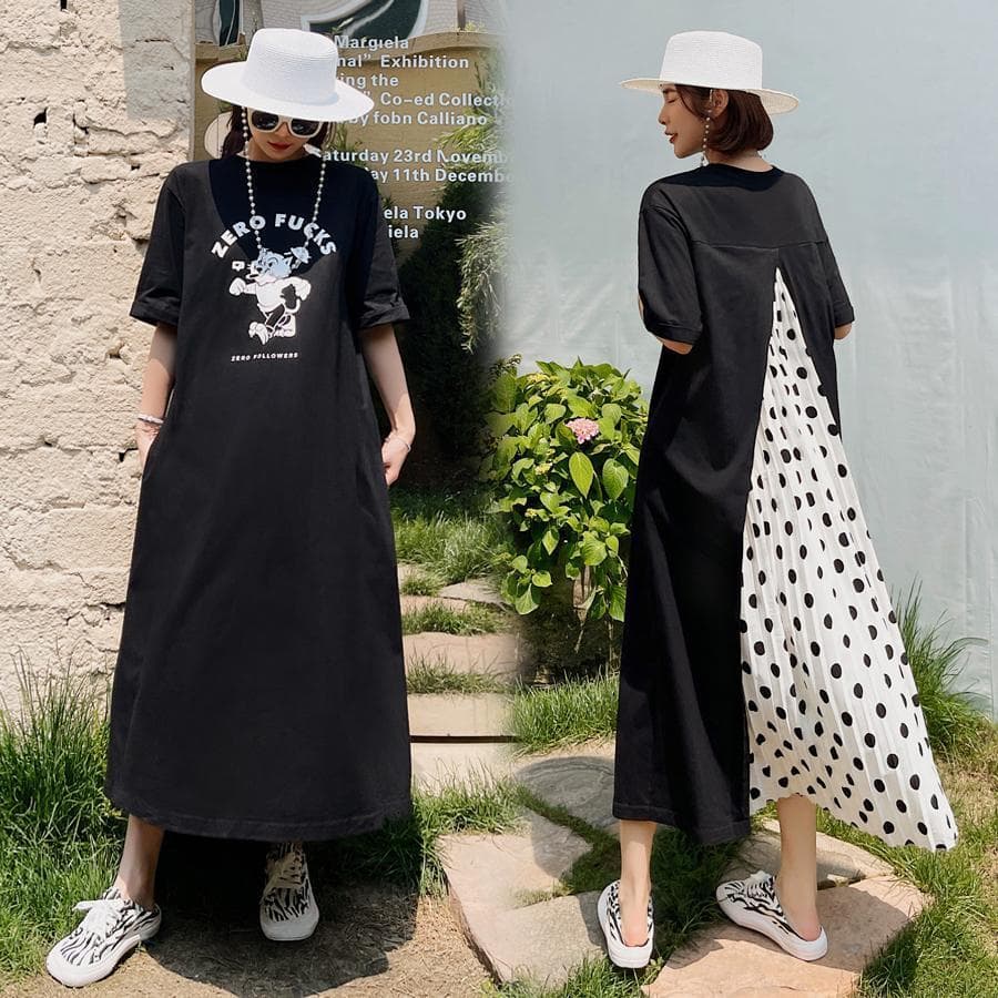 大人ワンピース ロング バックデザイン水玉切替ロングワンピース