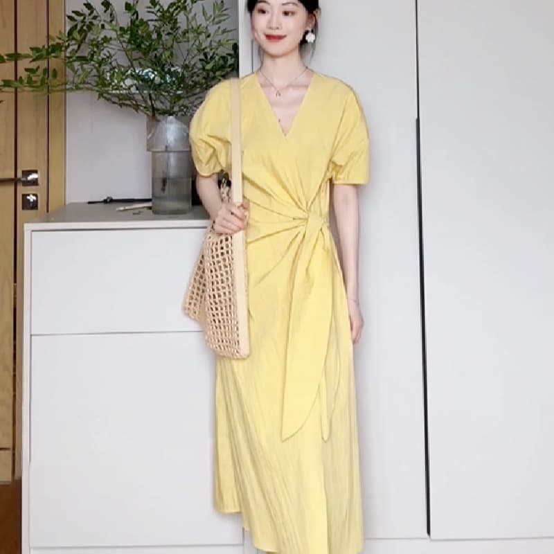 大人ワンピース ロング ウエストリボン付きパフスリーブワンピース