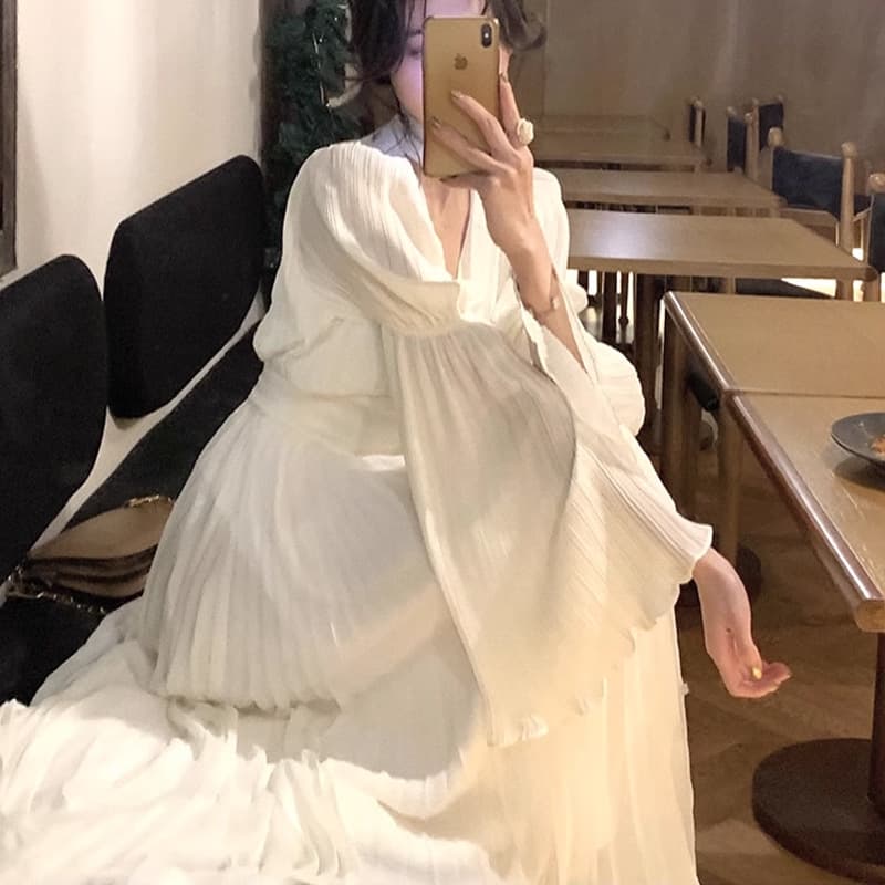 大人ワンピース ロング ドレープギャザー プリーツ ワンピース
