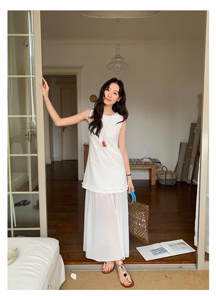 大人ワンピース ロング シフォン切替フリルロングワンピース