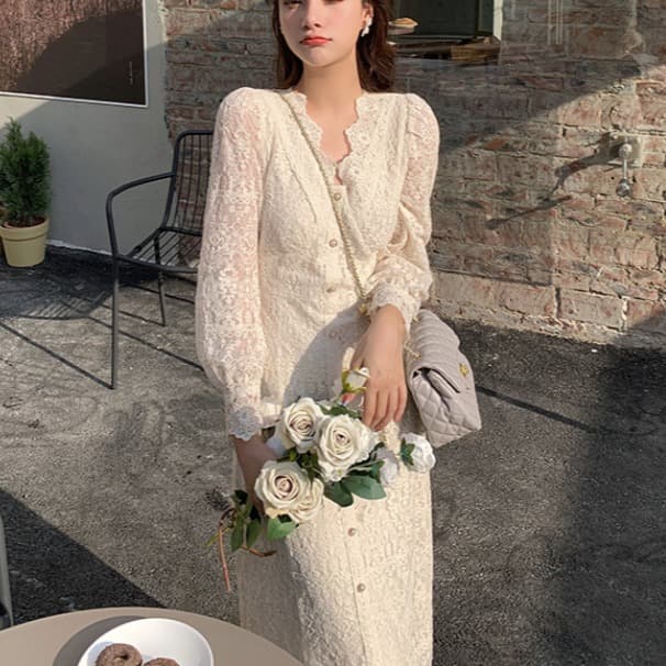 大人ワンピース ロング 優美なレース襟付きワンピース